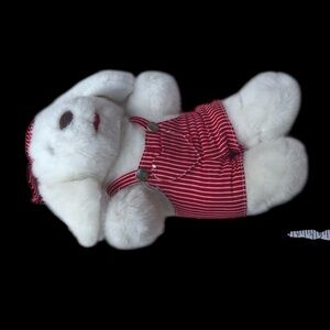 Commonwealth White Puppy Dog Plush Red Stripe Hat Overalls 1992 11" Stuffed Toy